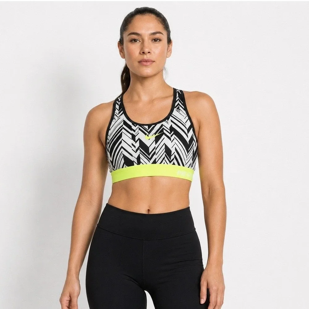 Nike Pro Sports Bra Women M Black White Neon Yellow Excellent Chevron Print